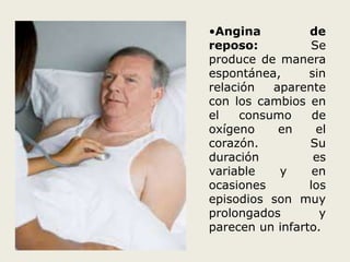 •Angina de 
reposo: Se 
produce de manera 
espontánea, sin 
relación aparente 
con los cambios en 
el consumo de 
oxígeno en el 
corazón. Su 
duración es 
variable y en 
ocasiones los 
episodios son muy 
prolongados y 
parecen un infarto. 
 