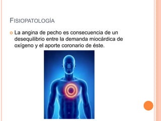 FISIOPATOLOGÍA


La angina de pecho es consecuencia de un
desequilibrio entre la demanda miocárdica de
oxígeno y el aporte coronario de éste.

 