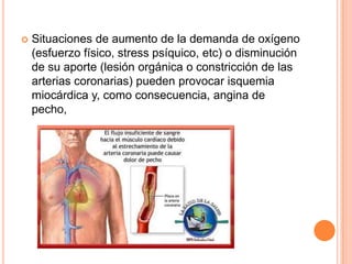 

Situaciones de aumento de la demanda de oxígeno
(esfuerzo físico, stress psíquico, etc) o disminución
de su aporte (lesión orgánica o constricción de las
arterias coronarias) pueden provocar isquemia
miocárdica y, como consecuencia, angina de
pecho,

 