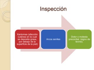 Inspección



Xantomas (afección
 cutánea en la cual                          Dolor o molesta
 se deposita grasa,        Arcos seniles   precordial. (signo de
  por debajo de la                               levine).
superficie de la piel)
 