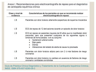 Guía de Práctica Clínica Diagnóstico y Tratamiento de la Cardiopatía Isquémica Crónica.
IMSS. ISBN 978-607-8290-09-3
 