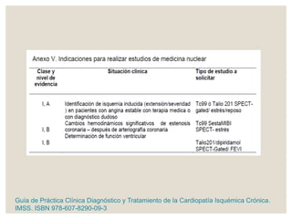 Guía de Práctica Clínica Diagnóstico y Tratamiento de la Cardiopatía Isquémica Crónica.
IMSS. ISBN 978-607-8290-09-3
 