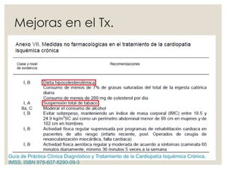 Mejoras en el Tx.
Guía de Práctica Clínica Diagnóstico y Tratamiento de la Cardiopatía Isquémica Crónica.
IMSS. ISBN 978-607-8290-09-3
 