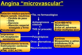Angina “microvascular” Tto. no farmacológico Relación médico-paciente Mejora sensib. insulínica - Pérdida de peso - Dieta - Ejercicio - Atención especial   sosegada y firme Psicoterapia Antianginosos clásicos + THS (si procede) ACA>BB>NTG Metabólicos Evitar ef. adversos Evitar múltiples asoc. Psicotrópicos Imipramina Inh.recaptación serotonina Otras alternativas Xantinas Bloqueantes   -adren. Inhibidores ECA Eritropoyetina Neuromodulación Simpaticotomía toracos. Estimulación cordones posteriores RTML (CEC,ACTP) 