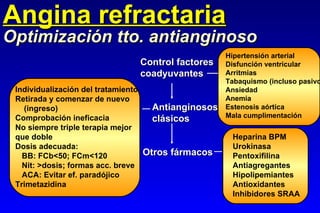 Angina refractaria Optimización tto. antianginoso Control factores coadyuvantes Hipertensión arterial Disfunción ventricular Arritmias Tabaquismo (incluso pasivo) Ansiedad Anemia Estenosis aórtica Mala cumplimentación Antianginosos clásicos Individualización del tratamiento Retirada y comenzar de nuevo (ingreso) Comprobación ineficacia No siempre triple terapia mejor que doble Dosis adecuada: BB: FCb<50; FCm<120 Nit: >dosis; formas acc. breve ACA: Evitar ef. paradójico Trimetazidina Otros fármacos Heparina BPM Urokinasa Pentoxifilina Antiagregantes Hipolipemiantes Antioxidantes Inhibidores SRAA 