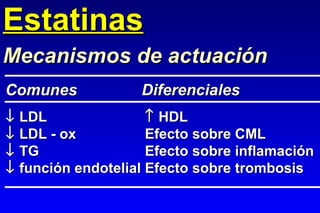 Estatinas    LDL   HDL    LDL - ox Efecto sobre CML    TG Efecto sobre inflamación    función endotelial Efecto sobre trombosis Mecanismos de actuación Comunes Diferenciales 