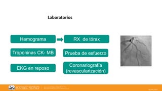 20/09/2022
Laboratorios
Hemograma
Troponinas CK- MB
EKG en reposo
RX de tórax
Prueba de esfuerzo
Coronariografía
(revascularización)
 