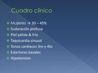 Cuadro clínico Mujeres -> 30 – 45%Sudoración profusaPiel pálida & fríaTaquicardia sinusalTonos cardiacos 3ro y 4toEstertores basalesHipotension