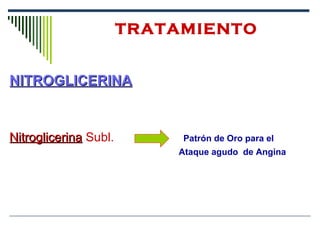 TRATAMIENTO
NITROGLICERINANITROGLICERINA
NitroglicerinaNitroglicerina Subl. Patrón de Oro para el
Ataque agudo de Angina
 
