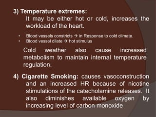 3) Temperature extremes:
     It may be either hot or cold, increases the
     workload of the heart.
 •    Blood vessels constricts  in Response to cold climate.
 •    Blood vessel dilate  hot stimulus

     Cold weather also cause increased
     metabolism to maintain internal temperature
     regulation.
4) Cigarette Smoking: causes vasoconstruction
    and an increased HR because of nicotine
    stimulations of the catecholamine releases. It
    also diminishes available oxygen by
    increasing level of carbon monoxide
 