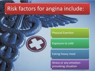 Risk factors for angina include:
Physical Exertion
Exposure to cold
Eating heavy meal
Stress or any emotion-
provoking situation
 