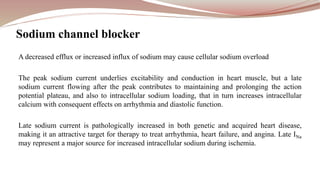 A decreased efflux or increased influx of sodium may cause cellular sodium overload
The peak sodium current underlies excitability and conduction in heart muscle, but a late
sodium current flowing after the peak contributes to maintaining and prolonging the action
potential plateau, and also to intracellular sodium loading, that in turn increases intracellular
calcium with consequent effects on arrhythmia and diastolic function.
Late sodium current is pathologically increased in both genetic and acquired heart disease,
making it an attractive target for therapy to treat arrhythmia, heart failure, and angina. Late INa
may represent a major source for increased intracellular sodium during ischemia.
Sodium channel blocker
 