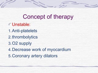 Concept of therapy
Unstable:
1.Anti-platelets
2.thrombolytics
3.O2 supply
4.Decrease work of myocardium
5.Coronary artery dilators
 