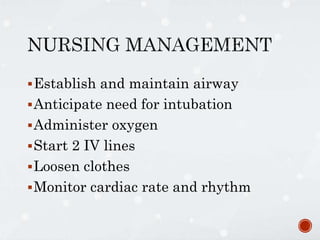 Establish and maintain airway
Anticipate need for intubation
Administer oxygen
Start 2 IV lines
Loosen clothes
Monitor cardiac rate and rhythm
 