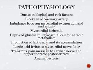 Due to etiological and risk factors
Blockage of coronary artery
Imbalance between myocardial oxygen demand
and supply
Myocardial ischemia
Deprived glucose in myocardial cell for aerobic
metabolism
Production of lactic acid and its accumulation
Lactic acid irritates myocardial nerve fiber
Transmits pain message to cardiac nerve and
upper thoracic posterior root
Angina pectoris
 