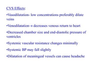 CVS Effects:
•Vasodilatation- low concentrations preferably dilate
veins
•Venodilatation decreases venous return to heart
•Decreased chamber size and end-diastolic pressure of
ventricles
•Systemic vascular resistance changes minimally
•Systemic BP may fall slightly
•Dilatation of meaningeal vessels can cause headache
 