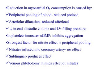 •Reduction in myocardial O2 consumption is caused by:
Peripheral pooling of blood- reduced preload
Arteriolar dilatation- reduced afterload
  in end diastolic volume and LV filling pressure
•In platelets increases cGMP: inhibits aggregation
•Strongest factor for nitrate effect is peripheral pooling
Nitrates infused into coronary artery- no effect
Sublingual- produces effect
Venous phlebotomy mimics effect of nitrates
 