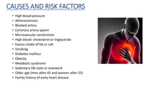 CAUSES AND RISK FACTORS
• High blood pressure
• Atherosclerosis
• Blocked artery
• Coronary artery spasm
• Microvascular constriction
• High blood cholesterol or triglyceride
• Excess intake of fat or salt
• Smoking
• Diabetes mellitus
• Obesity
• Metabolic syndrome
• Sedentary life style or overwork
• Older age (men after 45 and women after 55)
• Family history of early heart disease
 