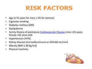 • Age (≥ 55 years for men, ≥ 65 for women)
• Cigarette smoking
• Diabetes mellitus (DM)
• Dyslipidemia
• Family History of premature Cardiovascular Disease (men <55 years,
female <65 years old)
• Hypertension (HTN)
• Kidney disease (microalbuminuria or GFR<60 mL/min)
• Obesity (BMI ≥ 30 kg/m2)
• Physical inactivity
 