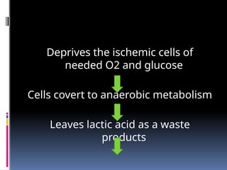 Deprives the ischemic cells of
needed O2 and glucose
Cells covert to anaerobic metabolism
Leaves lactic acid as a waste
products
 