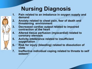 Nursing Diagnosis
1. Pain related to an imbalance in oxygen supply and
demand
2. Anxiety related to chest pain, fear of death and
threatening environment
3. Decreased cardiac output related to impaired
contraction of the heart
4. Altered tissue perfusion (myocardial) related to
coronary stenosis
5. Activity intolerance related to insufficient
oxygenation
6. Risk for injury (bleeding) related to dissolution of
clots
7. Ineffective individual coping related to threats to self
esteem*
 