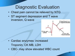 62
Diagnostic Evaluation
• Chest pain cannot be relieved by NTG
• ST segment depression and T wave
inversion, Q wave
• Cardiac enzymes: increased
Troponin, CK MB, LDH
• CBC- may show elevated WBC count
 