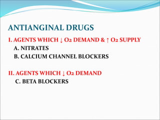 ANTIANGINAL DRUGS
I. AGENTS WHICH ↓ O2 DEMAND & ↑ O2 SUPPLY
A. NITRATES
B. CALCIUM CHANNEL BLOCKERS
II. AGENTS WHICH ↓ O2 DEMAND
C. BETA BLOCKERS
 