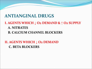 ANTIANGINAL DRUGS
I. AGENTS WHICH ↓ O2 DEMAND & ↑ O2 SUPPLY
A. NITRATES
B. CALCIUM CHANNEL BLOCKERS
II. AGENTS WHICH ↓ O2 ...