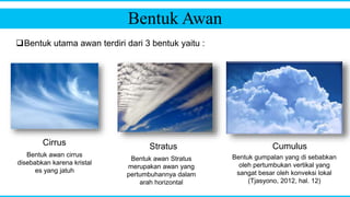 Bentuk Awan
Bentuk utama awan terdiri dari 3 bentuk yaitu :
Cirrus
Bentuk awan cirrus
disebabkan karena kristal
es yang jatuh
Stratus
Bentuk awan Stratus
merupakan awan yang
pertumbuhannya dalam
arah horizontal
Cumulus
Bentuk gumpalan yang di sebabkan
oleh pertumbukan vertikal yang
sangat besar oleh konveksi lokal
(Tjasyono, 2012, hal. 12)
 