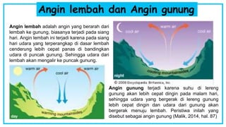 Angin lembah dan Angin gunung
Angin lembah adalah angin yang berarah dari
lembah ke gunung, biasanya terjadi pada siang
hari. Angin lembah ini terjadi karena pada siang
hari udara yang terperangkap di dasar lembah
cenderung lebih cepat panas di bandingkan
udara di puncak gunung. Sehingga udara dari
lembah akan mengalir ke puncak gunung.
Angin gunung terjadi karena suhu di lereng
gunung akan lebih cepat dingin pada malam hari,
sehingga udara yang bergerak di lereng gunung
lebih cepat dingin dan udara dari gunung akan
bergerak menuju lembah. Peristiwa inilah yang
disebut sebagai angin gunung (Malik, 2014, hal. 87)
 