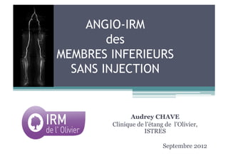 ANGIO-IRM
        des
MEMBRES INFERIEURS
  SANS INJECTION


              Audrey CHAVE
        Clinique de l’étang de l’Olivier,
                    ISTRES

                           Septembre 2012
 