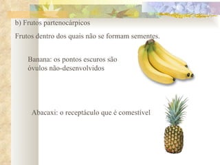 b) Frutos partenocárpicos Frutos dentro dos quais não se formam sementes. Banana: os pontos escuros são óvulos não-desenvolvidos Abacaxi: o receptáculo que é comestível 