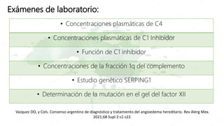 • Concentraciones plasmáticas de C4
• Concentraciones plasmáticas de C1 Inhibidor
• Función de C1 inhibidor
• Concentraciones de la fracción 1q del complemento
• Estudio genético SERPING1
• Determinación de la mutación en el gel del factor XII
Exámenes de laboratorio:
Vazquez DO, y Cols. Consenso argentino de diagnóstico y tratamiento del angioedema hereditario. Rev Alerg Mex.
2021;68 Supl 2:s1-s22.
 