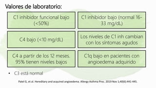 C1 inhibidor funcional bajo
(<50%)
C1 inhibidor bajo (normal 16-
33 mg/dL)
C4 bajo (<10 mg/dL)
Los niveles de C1 inh cambian
con los síntomas agudos
C4 a partir de los 12 meses.
95% tienen niveles bajos
C1q bajo en pacientes con
angioedema adquirido
• C3 está normal
Valores de laboratorio:
Patel G, et al. Hereditary and acquired angioedema. Allergy Asthma Proc. 2019 Nov 1;40(6):441-445.
 