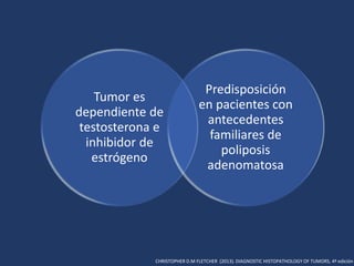 Tumor es
dependiente de
testosterona e
inhibidor de
estrógeno
Predisposición
en pacientes con
antecedentes
familiares de
poliposis
adenomatosa
CHRISTOPHER D.M FLETCHER (2013). DIAGNOSTIC HISTOPATHOLOGY OF TUMORS, 4ª edición
 