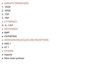 ➤ GROWTH PROMOTERS:
1. VEGF
2. PDGF
3. TGF
4. TNF
➤ CYTOKINES :
A. IL- 1,6,8
➤ PROTEASES:
➤ MMP
➤ CATHEPSIN
➤ ADHESION MOLECULES AND RECEPTORS :
➤ ANG 1
➤ AT 1
➤ OTHERS :
➤ Hypoxia
➤ Nitric oxide synthase
 