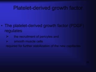 Platelet-derived growth factor


• The platelet-derived growth factor (PDGF)
  regulates
       the recruitment of pericytes and
       smooth muscle cells
  required for further stabilization of the new capillaries




                                                              26
 