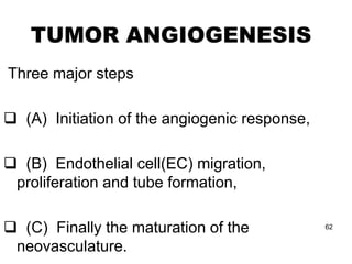 TUMOR ANGIOGENESIS
Three major steps

 (A) Initiation of the angiogenic response,

 (B) Endothelial cell(EC) migration,
 proliferation and tube formation,

 (C) Finally the maturation of the            62


 neovasculature.
 