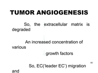 TUMOR ANGIOGENESIS
     So, the extracellular matrix is
degraded

       An increased concentration of
various
                 growth factors
                                        64

        So, EC(„leader EC‟) migration
and
 