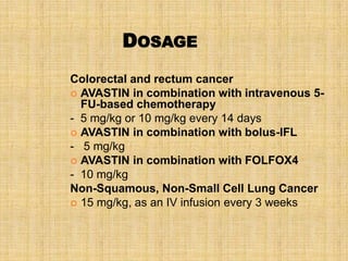 DOSAGE
Colorectal and rectum cancer
 AVASTIN in combination with intravenous 5-
  FU-based chemotherapy
- 5 mg/kg or 10 mg/kg every 14 days
 AVASTIN in combination with bolus-IFL
- 5 mg/kg
 AVASTIN in combination with FOLFOX4
- 10 mg/kg
Non-Squamous, Non-Small Cell Lung Cancer
 15 mg/kg, as an IV infusion every 3 weeks
 