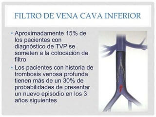 FILTRO DE VENA CAVA INFERIOR
• Aproximadamente 15% de
los pacientes con
diagnóstico de TVP se
someten a la colocación de
filtro
• Los pacientes con historia de
trombosis venosa profunda
tienen más de un 30% de
probabilidades de presentar
un nuevo episodio en los 3
años siguientes
 