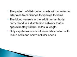 The pattern of distribution starts with arteries to
arterioles to capillaries to venules to veins
 The blood vessels in the adult human body
carry blood in a distribution network that is
approximately 60,000 miles in length
 Only capillaries come into intimate contact with
tissue cells and serve cellular needs


 