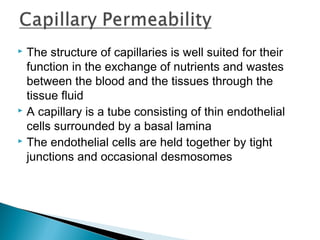 The structure of capillaries is well suited for their
function in the exchange of nutrients and wastes
between the blood and the tissues through the
tissue fluid
 A capillary is a tube consisting of thin endothelial
cells surrounded by a basal lamina
 The endothelial cells are held together by tight
junctions and occasional desmosomes


 
