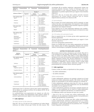 Radiodiagnostic Angioscanographie des artères pulmonaires 32-214-A-10 
relativement court. La division se fait en deux artères segmentaires : 
A4 en dehors ou au-dessus de B4 et A5 en dehors de B5. A5 est 
interne par rapport à A4. 
La systématisation sous-segmentaire est calquée sur celle des 
bronches, les artères sous-segmentaires étant toujours situées en 
position supéroexterne par rapport à leurs bronches respectives. 
¦ Lobe inférieur 
A6 (artère apicale du lobe inférieur) 
Dans 80 % des cas, A6 naît de la face postérieure de l’artère lobaire 
inférieure au même niveau que l’artère du lobe moyen. Elle 
accompagne B6 en position supérieure, apparaissant comme une 
structure tubulée. Ensuite, l’artère se bifurque (A6a et b, 
supéromédiales et A6c, latérale) donnant les branches sous-segmentaires 
en position supéroexterne par rapport à leurs bronches 
respectives. 
Dans 20 % des cas, il existe deux artères apicales naissant 
séparément de l’artère lobaire inférieure qui se situent 
respectivement au-dessus et en dessous de B6. 
A7 (paracardiaque) 
Elle est située sur le bord antéroexterne de B7 et présente un trajet 
vertical. Ses deux sous-segmentaires A7a (interne) et A7b (externe) 
sont antéroexternes par rapport à leurs bronches respectives (parfois 
postérieures mais toujours externes). 
Leurs rapports avec la veine pulmonaire inférieure sont variables : 
antérieurs le plus souvent, ou à cheval de part et d’autre de la veine 
qui est horizontale. 
A8, 9,10 (artères de la pyramide basale) 
Dans la majorité des cas, il n’existe qu’une artère segmentaire par 
bronche segmentaire. 
A8 et A9 sont de topographie antéroexterne par rapport à leurs 
bronches respectives. 
A10 est de topographie postéroexterne. 
Parfois, on visualise deux ou trois artères segmentaires par bronche 
mais toujours dans la même topographie, adoptant une position 
radiaire caractéristique en périphérie immédiate des bronches. 
ARTÈRE PULMONAIRE GAUCHE 
Elle est plus courte et moins volumineuse que la droite. Elle naît 1 à 
2 cm au-dessus de cette dernière. Elle présente un trajet oblique en 
haut, en arrière et en dehors. Elle réalise sa crosse (épibronchique) 
au-dessus et en avant de la bronche souche gauche et de la bronche 
lobaire supérieure gauche pour devenir postérieure à la bronche 
lobaire supérieure gauche. Elle donne naissance aux artères 
culminales et lingulaires, devient ensuite comme à droite artère 
interlobaire puis artère lobaire inférieure longeant la face 
postérolatérale de la bronche lobaire inférieure gauche. 
¦ Lobe supérieur 
Comme à droite, les artères se répartissent en deux groupes : 
– les artères médiastinales ; 
– les artères scissurales. 
Artères médiastinales 
L’artère médiastinale antérieure est constante, naissant sur le bord 
externe de l’artère pulmonaire gauche. Elle donne une branche 
apicale A1 (inconstante) et une branche antérieure ou ventrale A2. 
L’artère médiastinale supérieure existe dans 50 % des cas, naissant 
au sommet de la crosse de l’artère pulmonaire avec une distribution 
ascendante vers les segments S1 et S3. 
L’artère médiastinale postérieure est presque constante prenant son 
origine à la face postérieure de la crosse de l’artère pulmonaire, 
vascularisant les segments apicodorsaux ou seulement dorsaux. 
Ces différentes artères sont associées de façon très variable : 
– dans 41 % des cas, il existe trois artères médiastinales, une 
antérieure A2, une supérieure à destinée apicale et une postérieure à 
destinée apicopostérieure ou postérieure ; 
– dans 32 % des cas, il n’existe que deux artères médiastinales : 
l’artère médiastinale antérieure (apicoantérieure) et l’artère 
médiastinale postérieure (apicopostérieure) ou uniquement 
postérieure. Le tronc apicodorsal est soit postérieur à B1 + 3 (variété 
la plus fréquente), soit antérieur. 
Tableau I. – Nomenclature de l’anatomie bronchopulmonaire 
droite [36]. 
Jackson et Huber [16] 
Boyden [4] 
Segments Artères 
segmentaires 
Artères 
sous-segmentaires 
Lobe supérieur droit 
Apical S1 A1 A1a, postérieur 
A1b, antérieur 
Antérieur S2 A2 A2a, latéral 
A2b, antérieur 
Postérieur S3 A3 A3a, latéral 
A3b, postérieur 
Lobe moyen droit 
Latéral S4 A4 A4a, postérieur 
A4b, antérieur 
Médial S5 A5 A5a, supérieur 
A5b, inférieur 
Lobe inférieur droit 
Apical S6 A6 A6a + b, supéromédial 
A6c, latéral 
Médiobasal S7 A7 A7a, antérolatéral 
(paracardiaque) A7b, antéromédial 
Antérobasal S8 A8 A8a, latéral 
A8b, basal 
Latérobasal S9 A9 A9a, latéral 
A9b, basal 
Postérobasal S10 A10 A10a, latérobasal 
A10b, médiobasal 
Tableau II. – Nomenclature de l’anatomie bronchopulmonaire 
gauche [36]. 
Jackson 
et Huber [16] 
Boyden [4] 
Segments Artères 
segmentaires 
Artères 
sous-segmentaires 
Lobe supérieur gauche 
Apicodorsal S1 + 3 A1 A1a, postérieur 
A1b, antérieur 
A3 A3a, latéral 
A3b, postérieur 
Antérieur S2 A2 A2a, latéral 
A2b, antérieur 
Lingula 
Lingulaire supérieur S4 A4 A4a, postérieur 
A4b, antérieur 
Lingulaire inférieur S5 A5 A5a, supérieur 
A5b, inférieur 
Lobe inférieur gauche 
Apical S6 A6 A6a + b, supéromédial 
A6c, latéral 
Antéromédiobasal S7 + 8 A7 + 8 A7a, antérieur 
A7b, médial 
A8a, latéral 
A8b, basal 
Latérobasal S9 A9 A9a, latéral 
A9b, basal 
Postérobasal S10 A10 A10a, latérobasal 
A10b, médiobasal 
3 
 