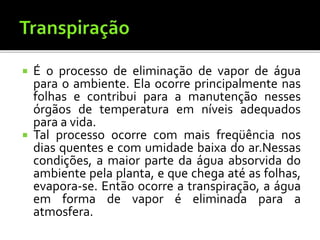  É o processo de eliminação de vapor de água
para o ambiente. Ela ocorre principalmente nas
folhas e contribui para a manutenção nesses
órgãos de temperatura em níveis adequados
para a vida.
 Tal processo ocorre com mais freqüência nos
dias quentes e com umidade baixa do ar.Nessas
condições, a maior parte da água absorvida do
ambiente pela planta, e que chega até as folhas,
evapora-se. Então ocorre a transpiração, a água
em forma de vapor é eliminada para a
atmosfera.
 