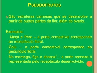PseudofrutosSão estruturas carnosas que se desenvolve a partir de outras partes da flor, além do ovário.Exemplos:	 Maçã e Pêra – a parte comestível corresponde ao receptáculo floral.	Caju – a parte comestível corresponde ao pedúnculo floral.	No morango, figo e abacaxi – a parte carnosa é representada pelo receptáculo desenvolvido.
