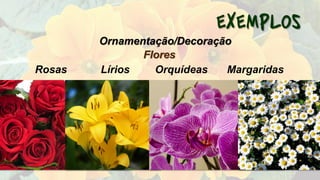 Flores
Rosas Lírios Orquídeas Margaridas
Ornamentação/Decoração
 