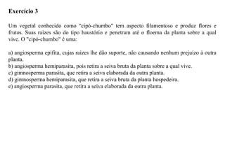 Exercício 3
Um vegetal conhecido como "cipó-chumbo" tem aspecto filamentoso e produz flores e
frutos. Suas raízes são do tipo haustório e penetram até o floema da planta sobre a qual
vive. O "cipó-chumbo" é uma:
a) angiosperma epífita, cujas raízes lhe dão suporte, não causando nenhum prejuízo à outra
planta.
b) angiosperma hemiparasita, pois retira a seiva bruta da planta sobre a qual vive.
c) gimnosperma parasita, que retira a seiva elaborada da outra planta.
d) gimnosperma hemiparasita, que retira a seiva bruta da planta hospedeira.
e) angiosperma parasita, que retira a seiva elaborada da outra planta.
 