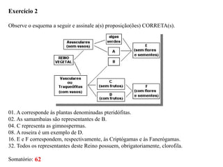 Exercício 2
Observe o esquema a seguir e assinale a(s) proposição(ões) CORRETA(s).
01. A corresponde às plantas denominadas pteridófitas.
02. As samambaias são representantes de B.
04. C representa as gimnospermas.
08. A roseira é um exemplo de D.
16. E e F correspondem, respectivamente, às Criptógamas e às Fanerógamas.
32. Todos os representantes deste Reino possuem, obrigatoriamente, clorofila.
Somatório: 62
 