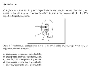 Exercício 10
O feijão é uma semente de grande importância na alimentação humana. Entretanto, até
atingir a fase de semente, o óvulo fecundado tem seus componentes (I, II, III e IV)
modificados profundamente.
Após a fecundação, os componentes indicados no óvulo darão origem, respectivamente, às
seguintes partes da semente:
a) endosperma, tegumento, embrião, hilo.
b) endosperma, embrião, tegumento, hilo.
c) embrião, hilo, endosperma, tegumento.
d) endosperma, tegumento, hilo, embrião.
e) embrião, tegumento, endosperma, hilo.
 